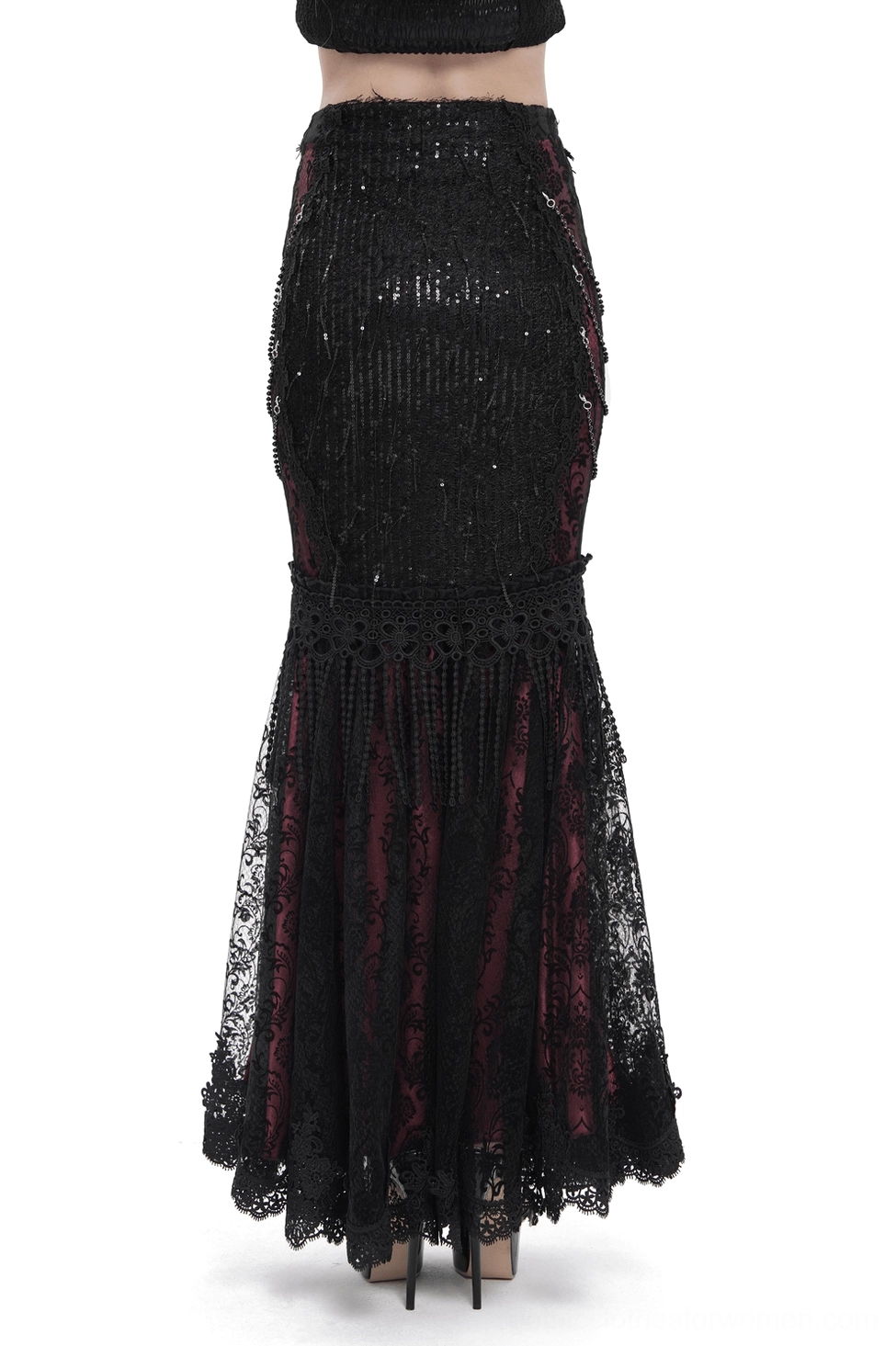 Gothic fishtail maxi skirt rear view featuring all-over sequined black lace, tassel hem trim and dramatic fishtail silhouette