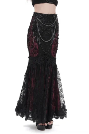 Black burgundy gothic fishtail skirt with metal chain drapes, left side view showing sequined lace overlay and wine-red lining