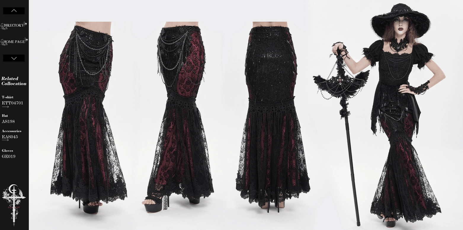 Black burgundy gothic fishtail skirt comprehensive view showcasing complete design and chain embellishment