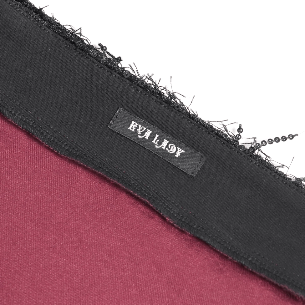 Black burgundy gothic skirt showing overall fit and fishtail mermaid silhouette with chain embellishments