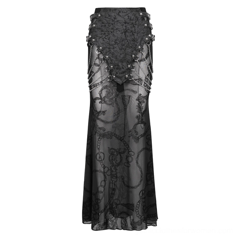 Black mesh fishtail skirt laid flat on white background showing chain pattern print and sheer fabric texture