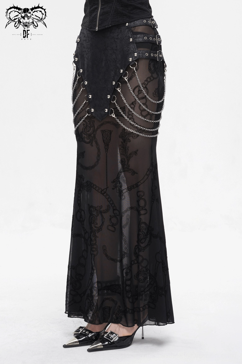 Punk mesh fishtail skirt front side angle showing metal chain decorations, multi-buckle waist, and pointed heel styling
