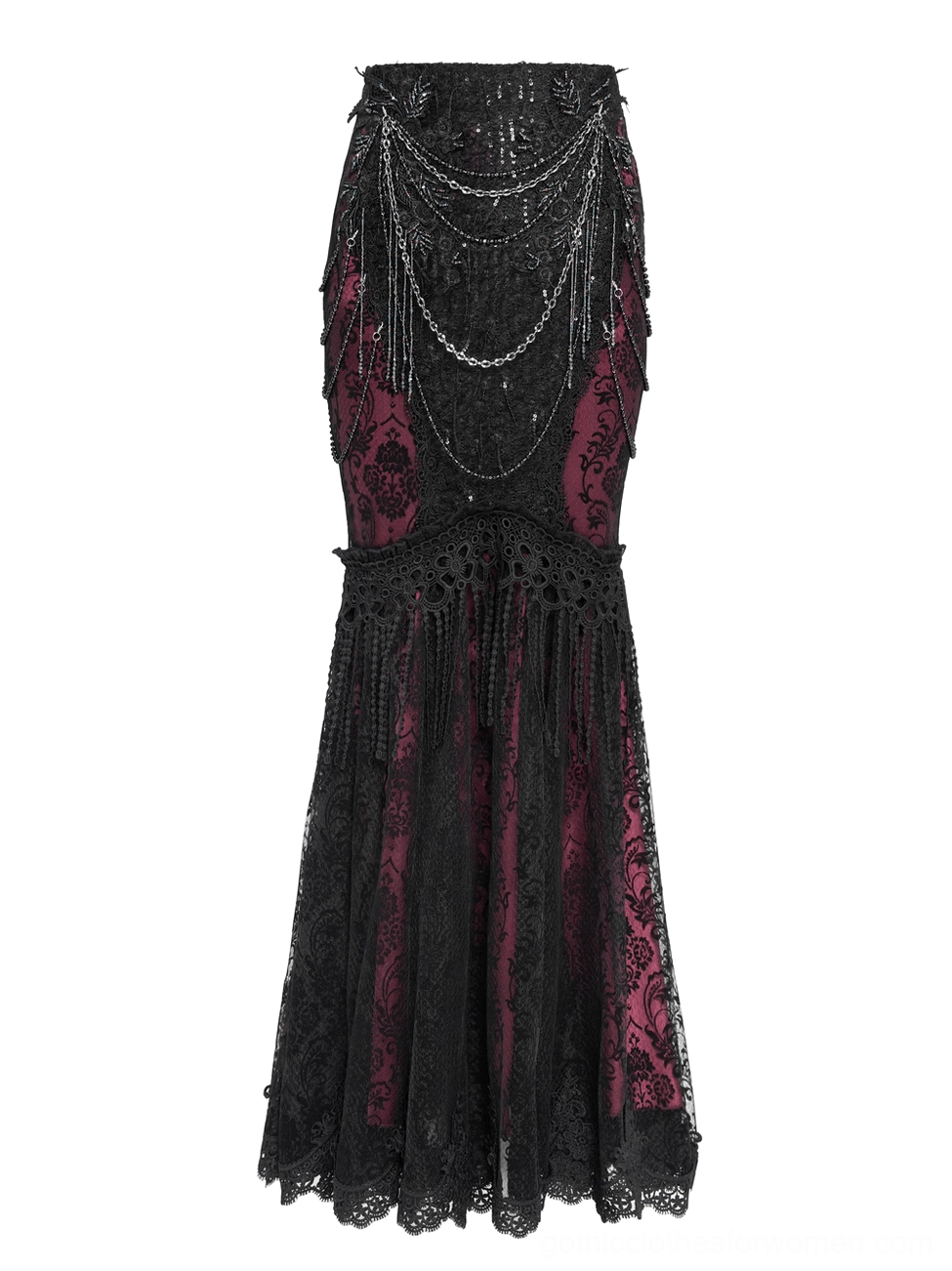 Front full view of black burgundy gothic fishtail skirt with draped metal chains and classic mermaid silhouette