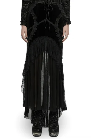 Black velvet fishtail gothic skirt front view with lace panels and sheer chiffon train