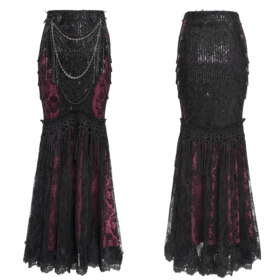 Front full view of black burgundy gothic skirt with layered metal chains, dual-tone design and fishtail hem detail
