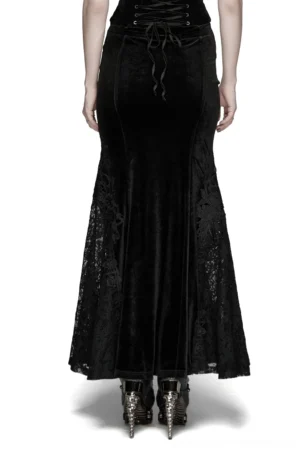 Gothic velvet fishtail skirt full rear body shot featuring lace-up waist and lace side panels