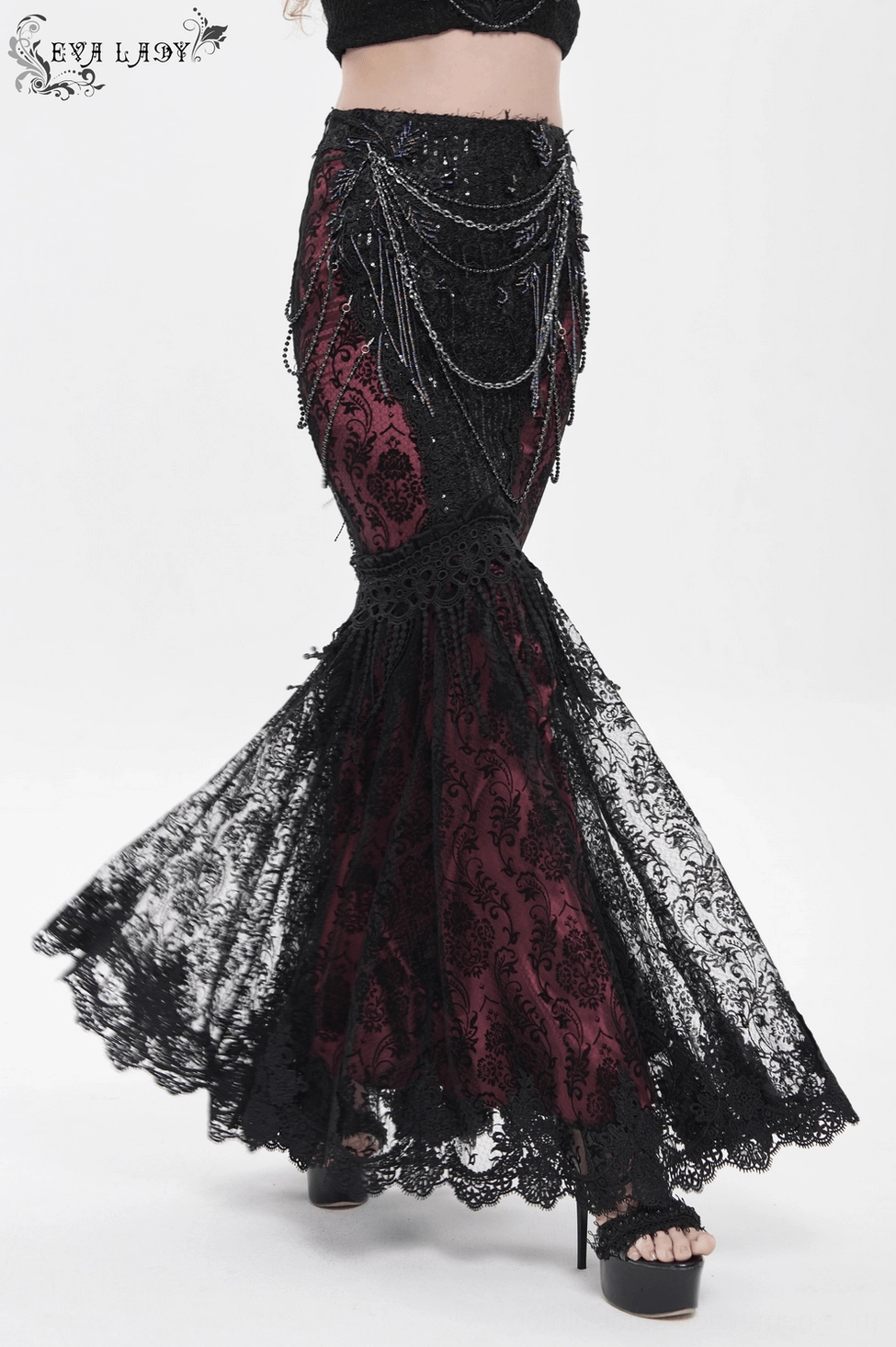 Black burgundy gothic fishtail maxi skirt full display showcasing chains and sequin embellishment