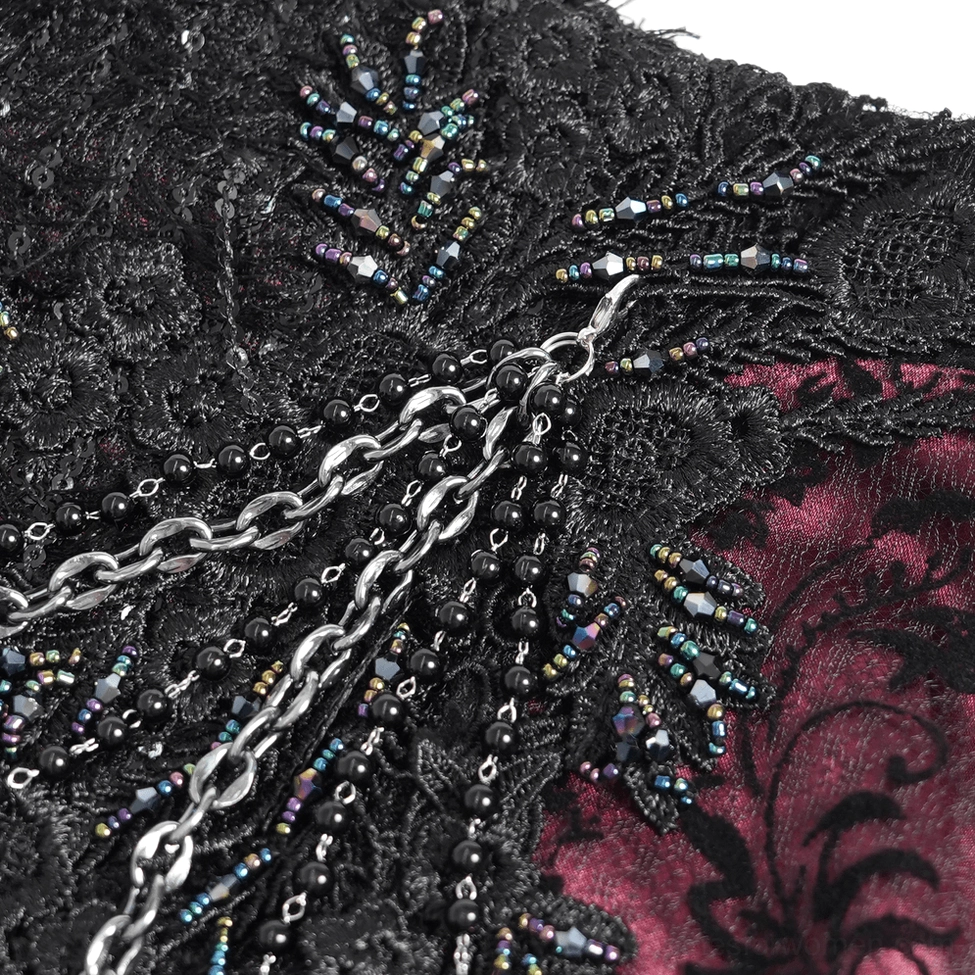 Full length view of black burgundy gothic fishtail skirt showcasing elegant silhouette and sequin embellishment