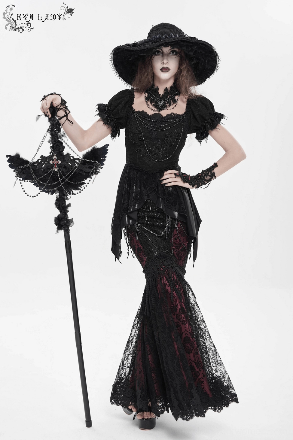 Gothic fishtail maxi skirt profile view displaying dramatic fishtail silhouette and gothic styling appeal