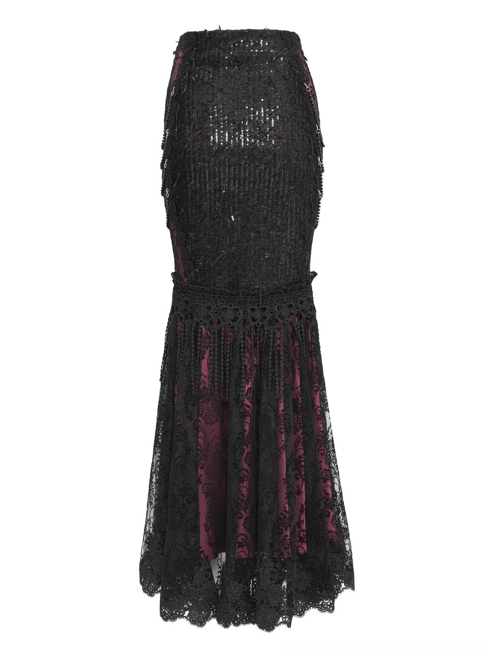 Rear side view of gothic fishtail maxi skirt showing sequined black lace and burgundy damask inner lining details