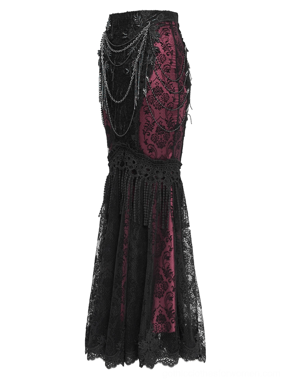 Right side view of gothic fishtail skirt highlighting high-waisted fit and sequined black lace overlay design