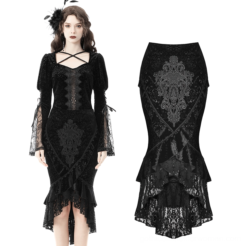 Black gothic skirt and matching top set flat lay with high-low ruffled hem and cross strap neckline detail