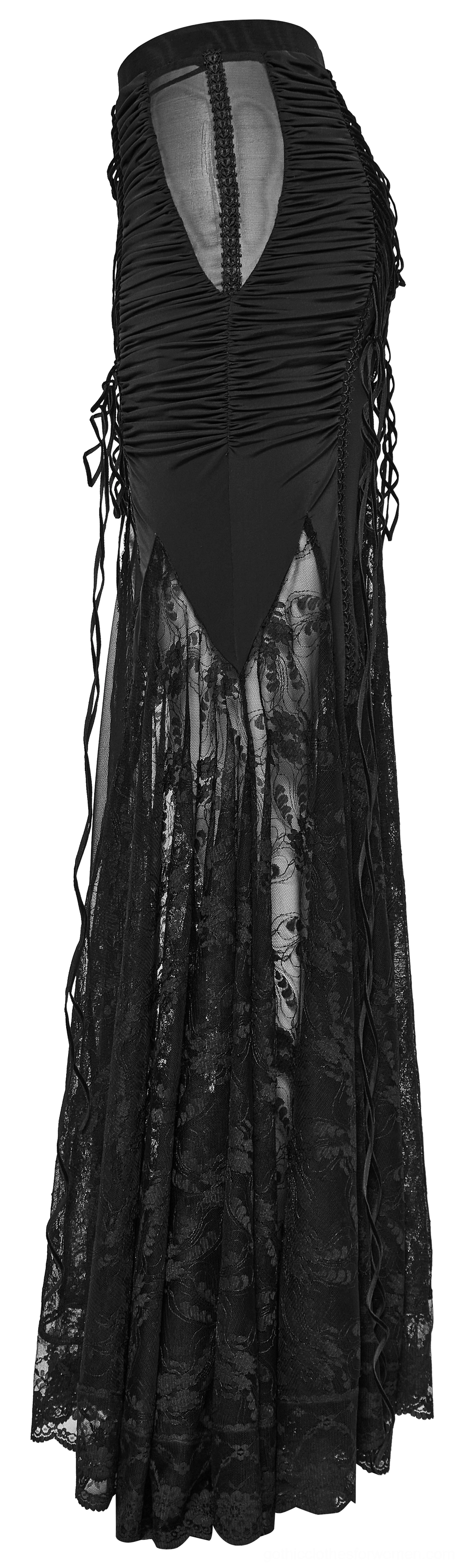 Black gothic fishtail skirt with sheer back panel and ruched back design, rear flat lay view
