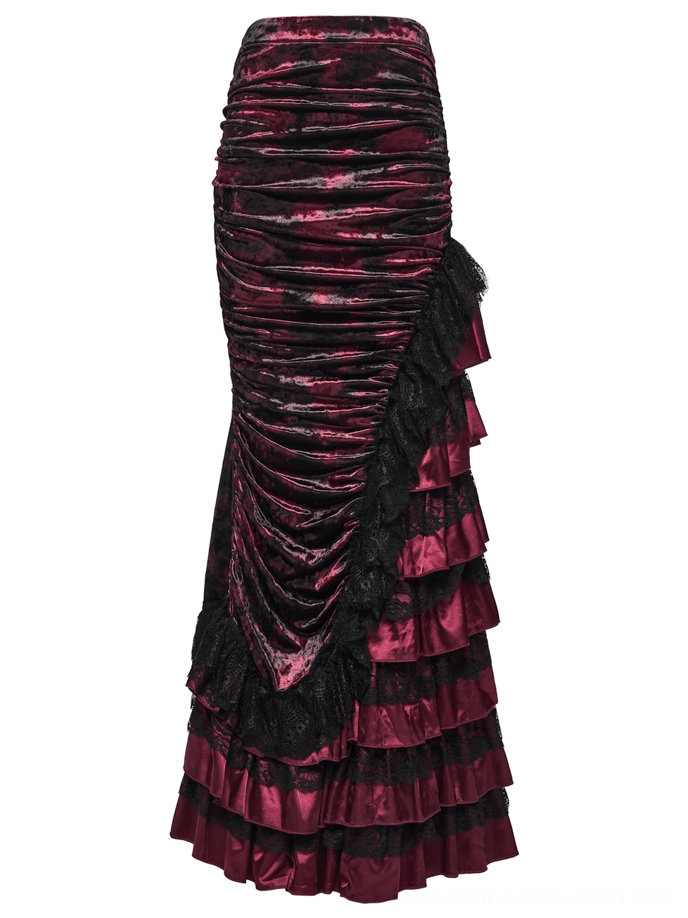 Gothic velvet fishtail skirt flat lay side angle, displaying ruched front construction and black lace ruffled hem