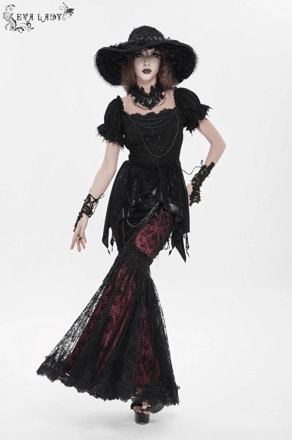 Black burgundy gothic fishtail skirt three-quarter view showing lace overlay and burgundy inner lining