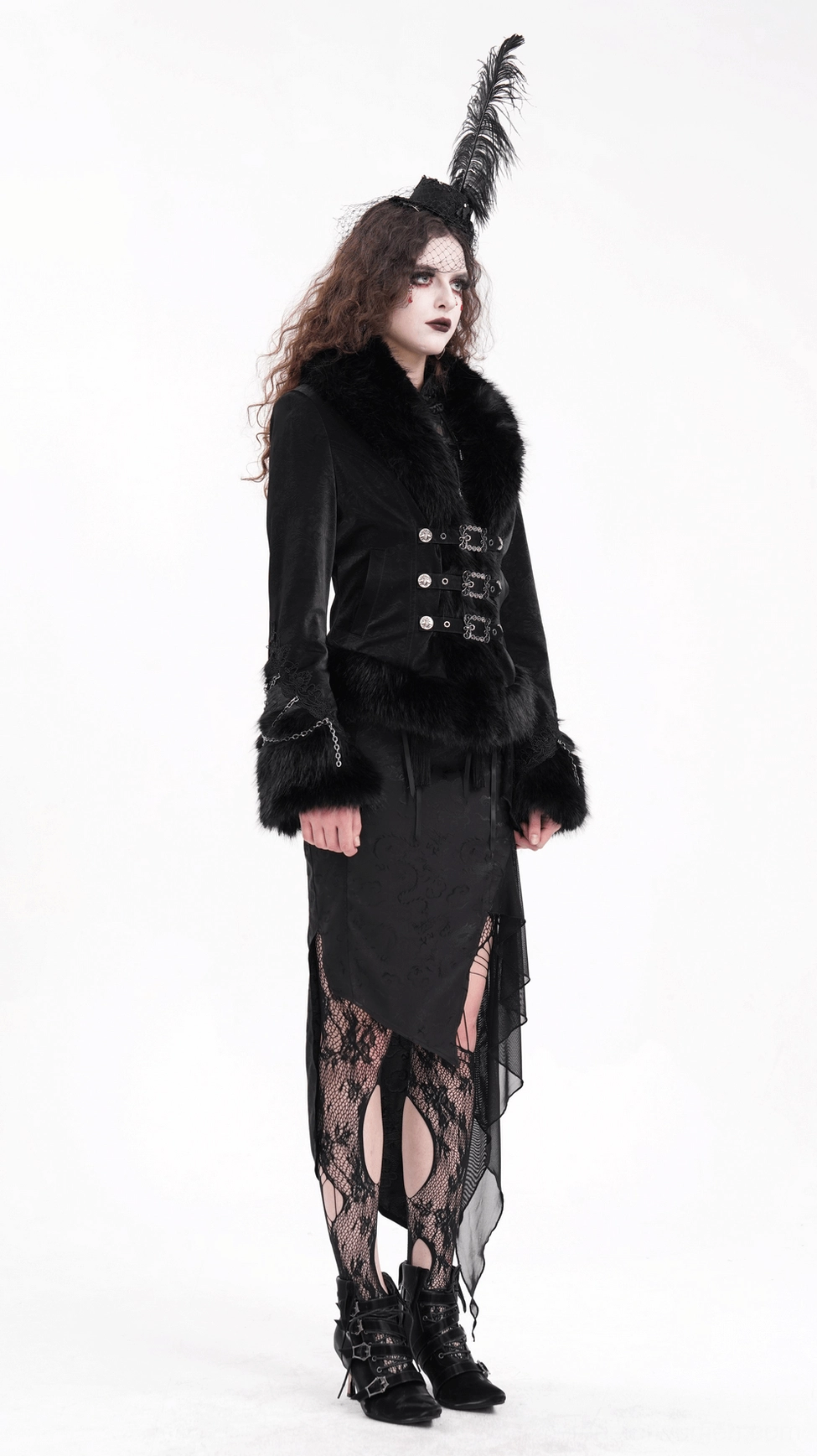 Black gothic fitted jacket with faux fur collar - front partial view highlighting shoulder details