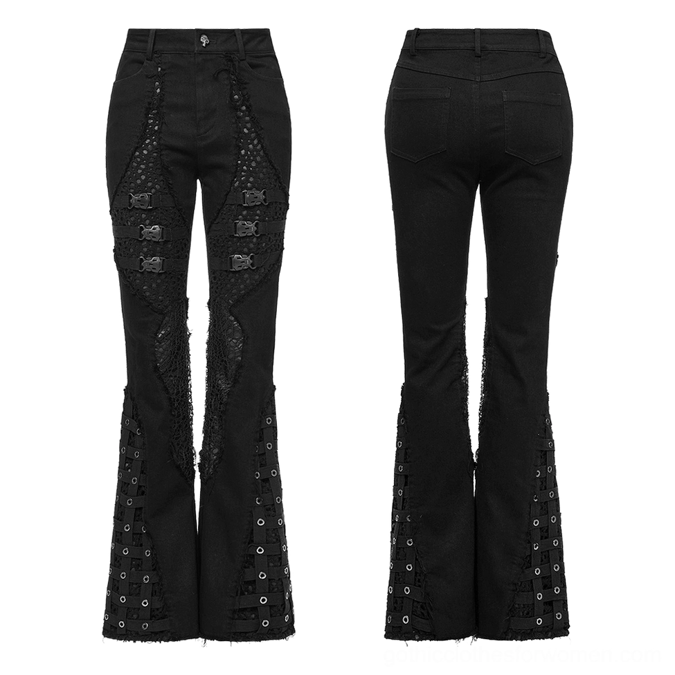 Black gothic mesh insert flare denim pants flat lay front and back view