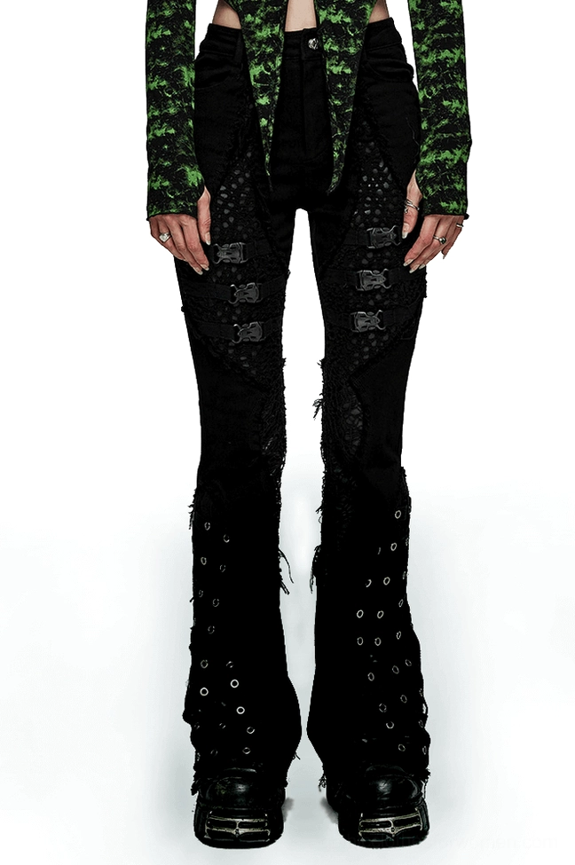 Black mesh insert eyelet gothic flare denim pants front view worn by model