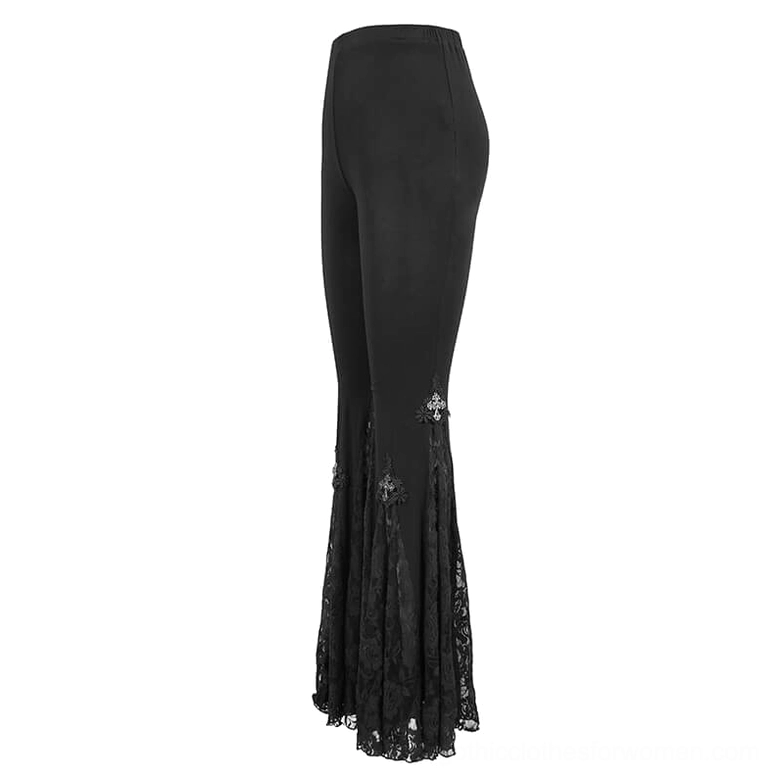 Rear flat lay of black high-waisted flare leggings displaying rose sheer lace patterned bell-bottom hem without model