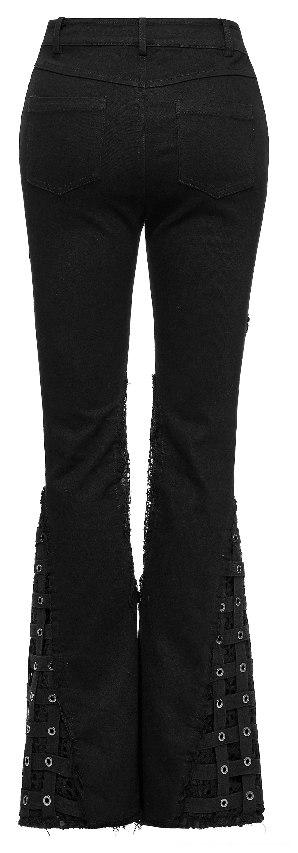 Black eyelet trimmed gothic denim flare pants back flat lay with high-waist design