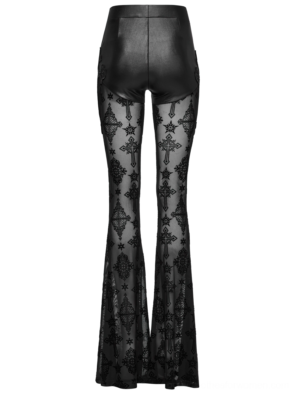Back view of black gothic flare pants with faux leather back waist panel and gothic cross motif on sheer mesh legs