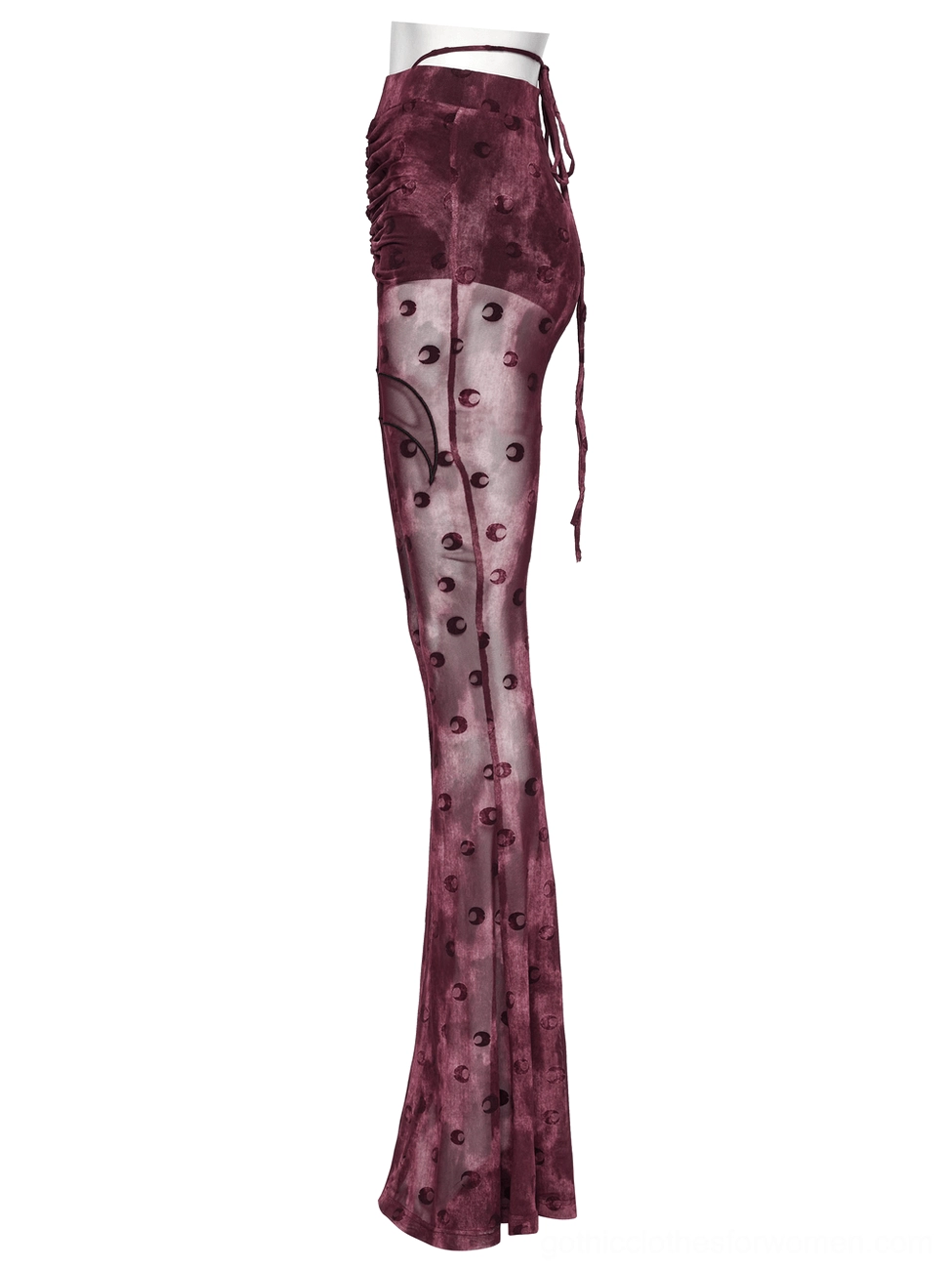 Gothic flare pants with crescent embroidery and ruched detail front full shot