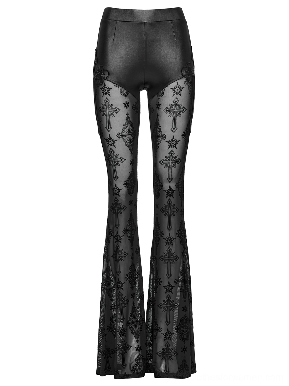 Black gothic flare pants with ornate cross embroidery detail on semi-transparent mesh legs - high waisted design