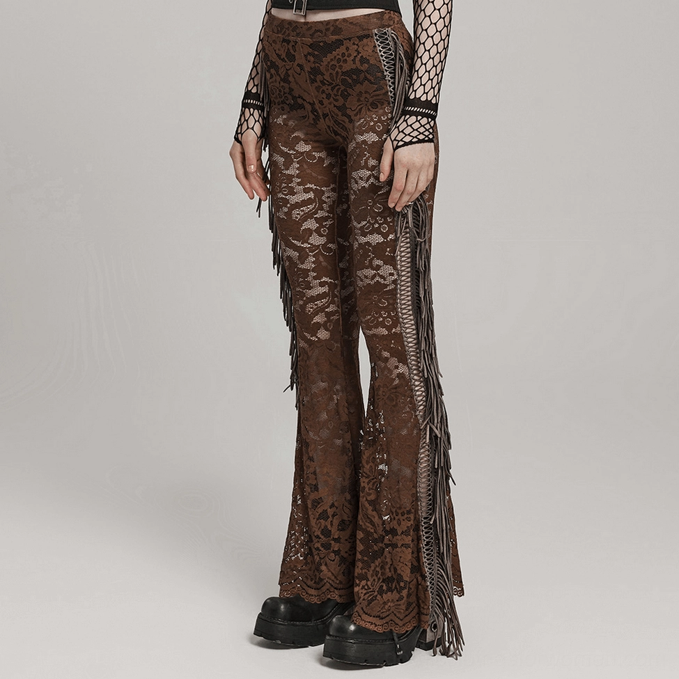 Brown lace gothic flare pants styled with fishnet fingerless gloves, side full-body view showing leg fringe and dramatic silhouette