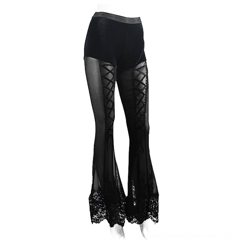 Gothic flare pants with lace-up front closure and floral lace hem, model wearing black alternative fashion