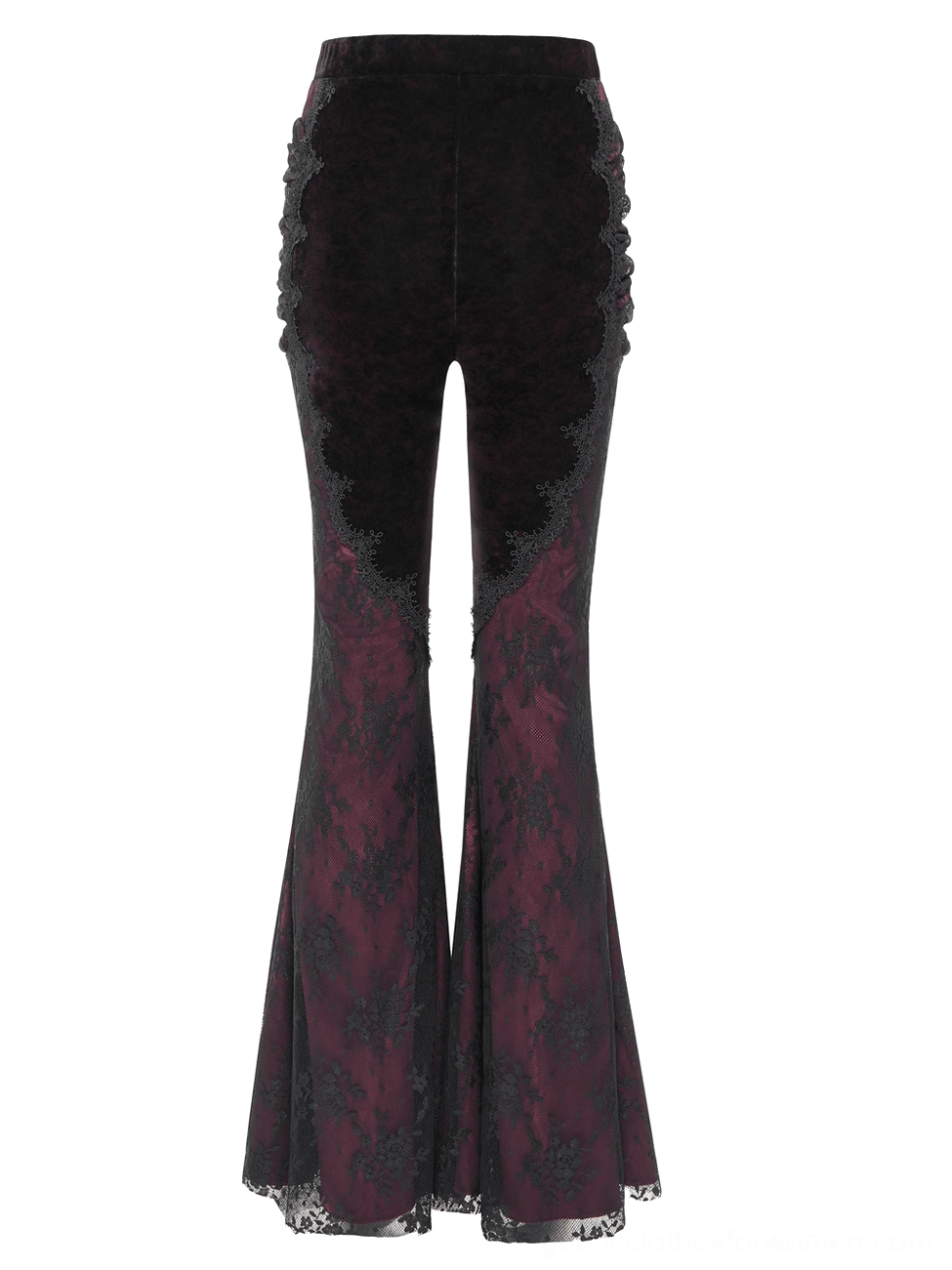 Rear flat lay of high-waisted black velvet gothic flare pants with wine-red lace lower leg panels and vintage-inspired construction