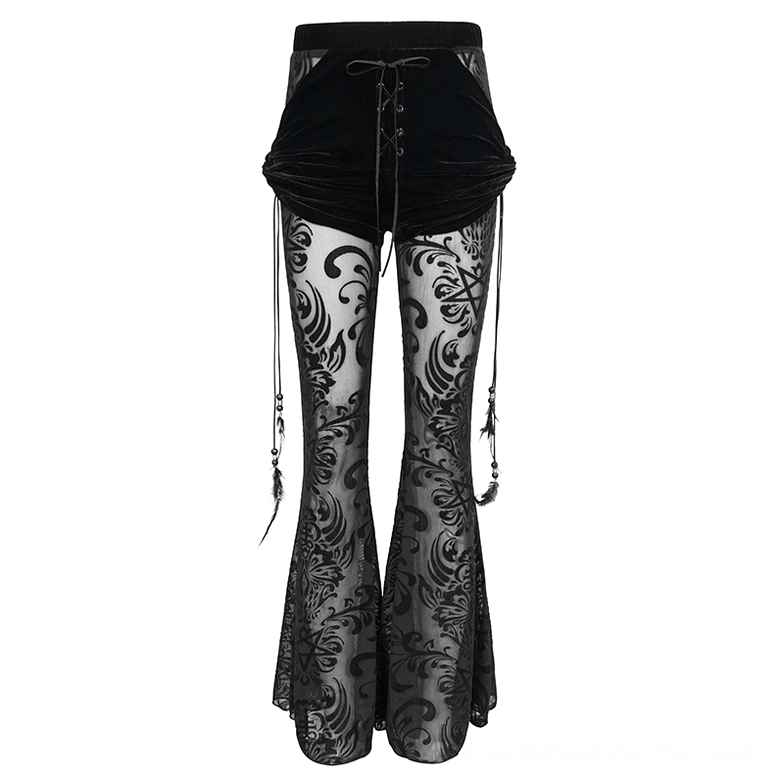 Side angle view of black gothic flare trousers displaying damask mesh pattern and feather side decorations