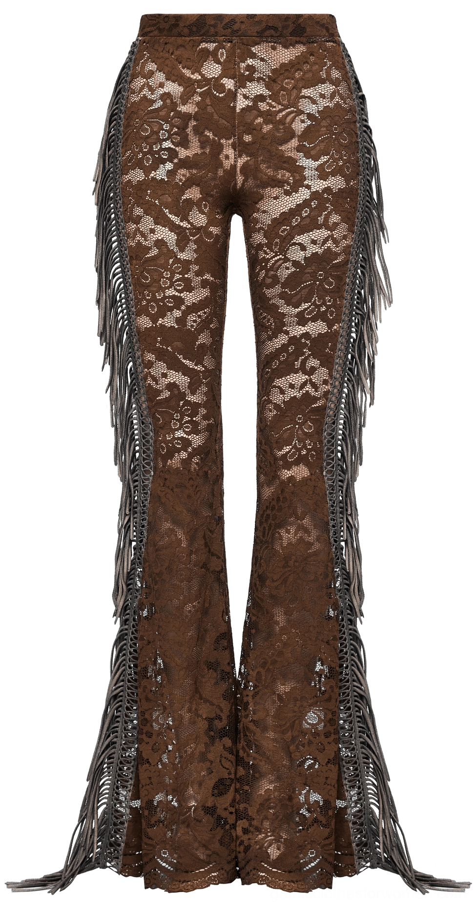 Side view flat lay of brown gothic lace pants with decorative fringe trim details along the leg seams