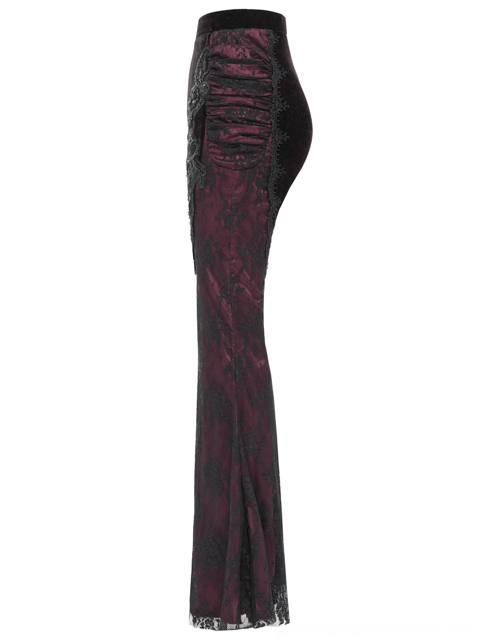 Side flat lay of black velvet gothic flare pants highlighting ruched hip detail and wine-red sheer lace lower leg fabric