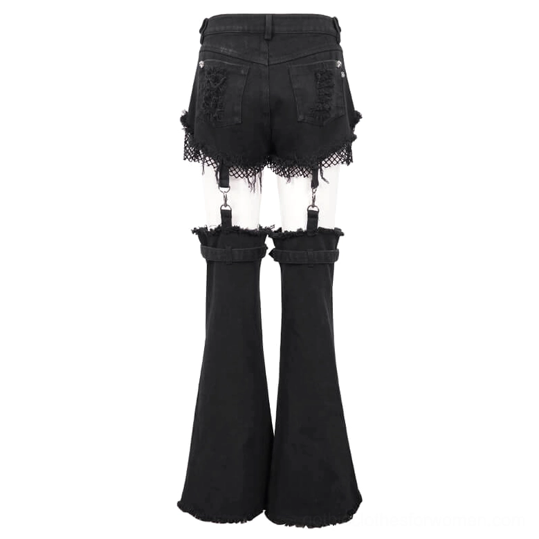 Black distressed flared pants rear flat view - showing ripped back pockets and detachable leg warmers