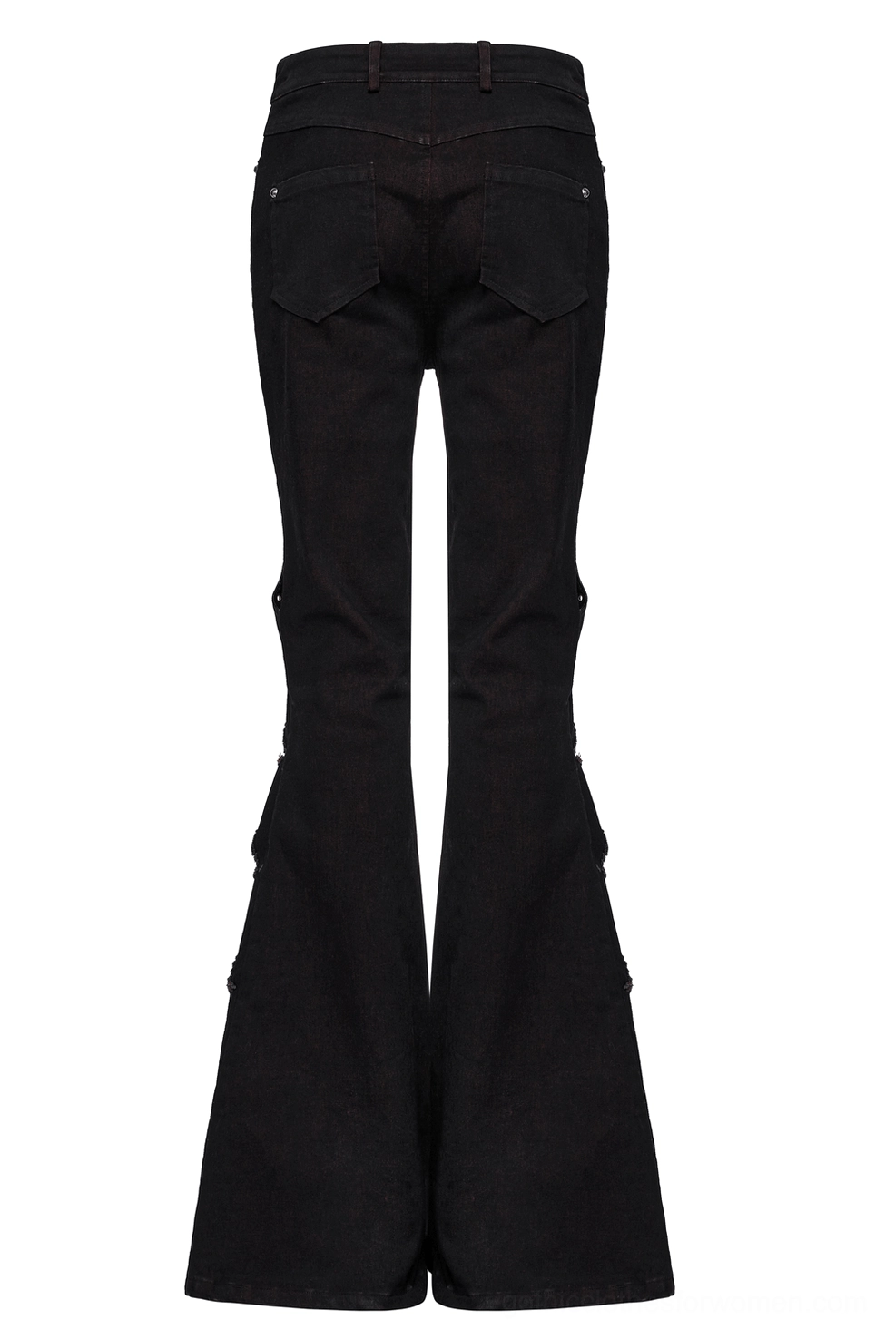 Solid black gothic flared pants back flat lay plain legs
