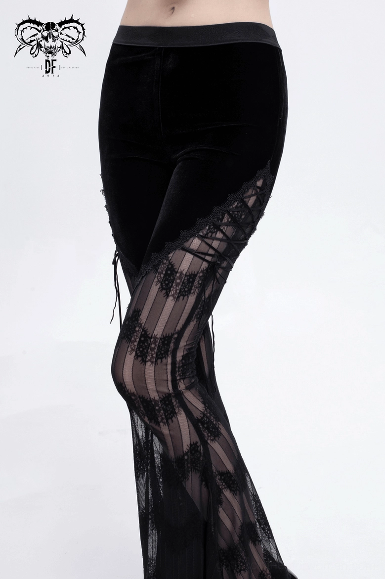 Black mesh flared gothic trousers detail shot showing lace splice construction and drape