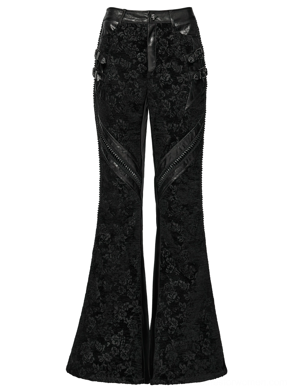 Gothic flared pants front flat lay display - faux leather waistband, decorative side straps, black velvet jacquard pattern