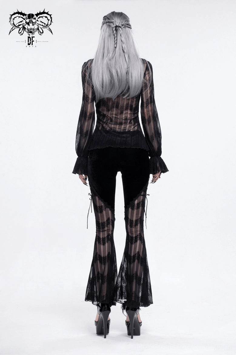 Gothic mesh flared pants on model full-body view showing alternative fashion styling potential
