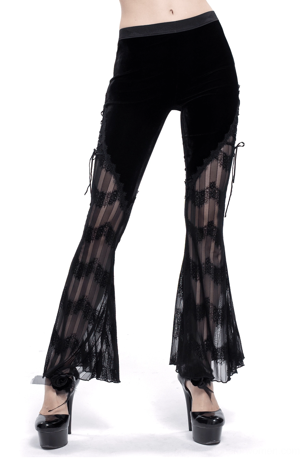 Black velvet mesh flared gothic pants with side lace-up front view on model