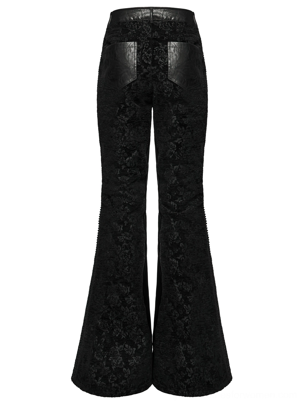 Gothic flared pants rear flat lay view - faux leather back pockets, metal buckle embellishments, classic silhouette
