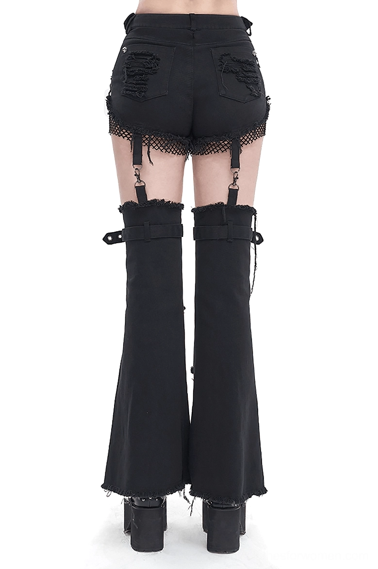 Distressed black gothic flared pants set - back view showing ripped pockets and detachable components