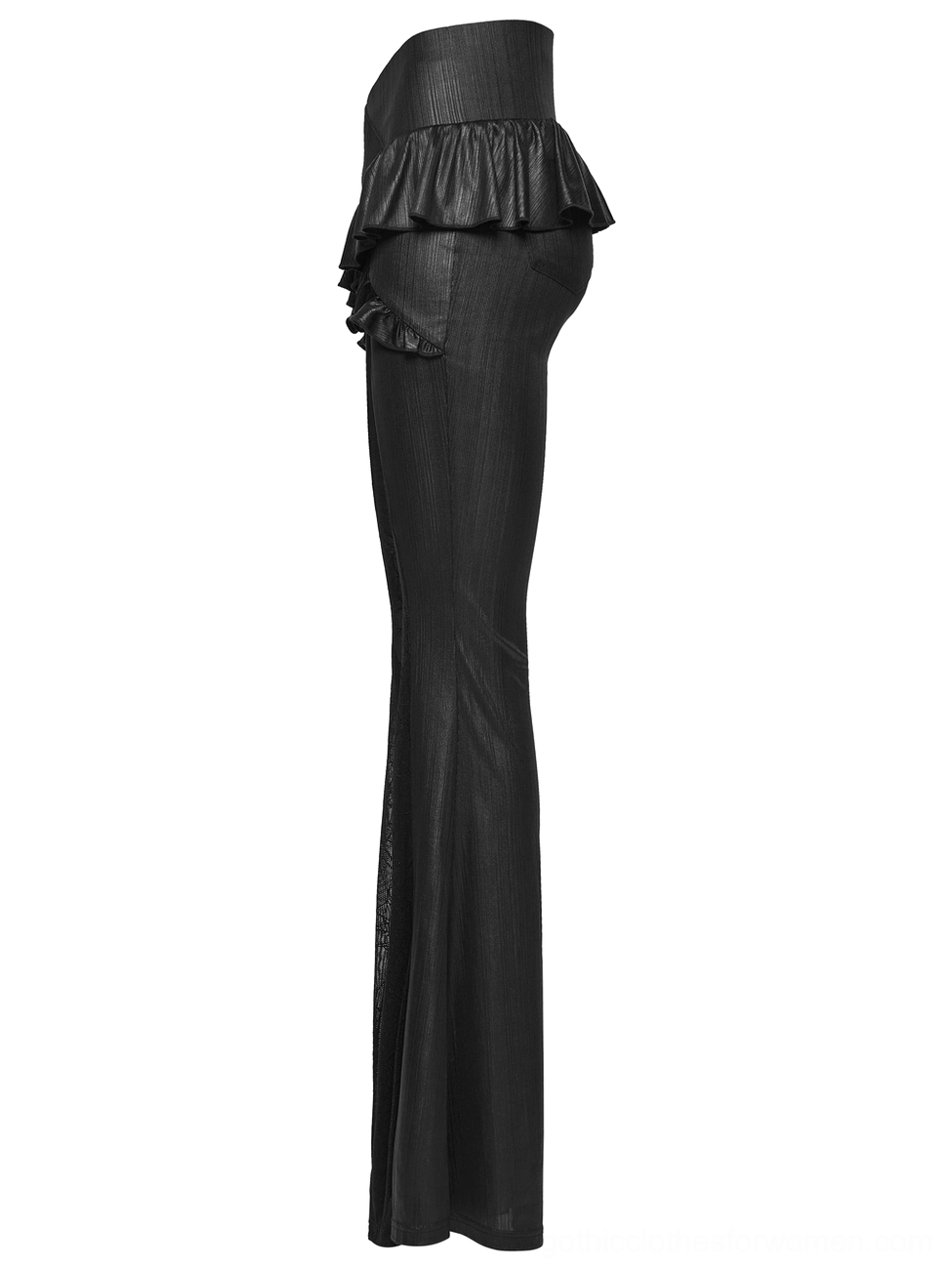 Side flat lay view of single black gothic flared pant leg showcasing ruffled waist design and glossy coated striped fabric