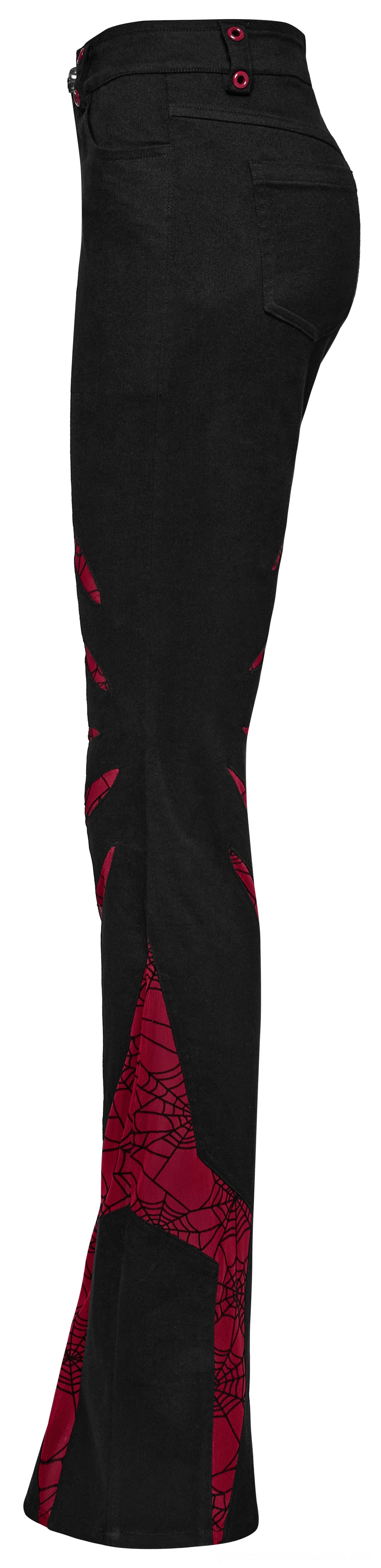 Side profile flat lay of black flared gothic trousers with red mesh angular panels