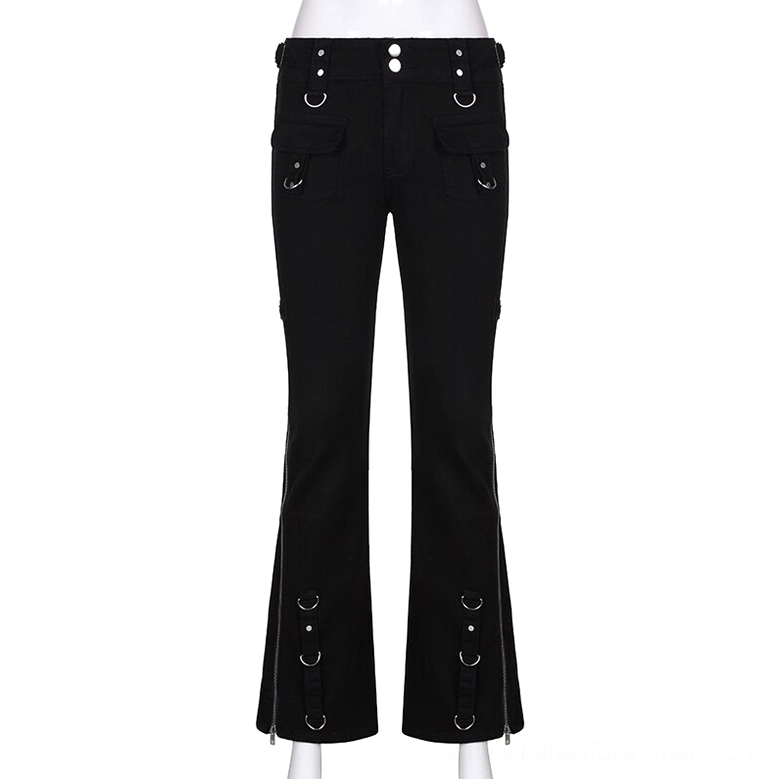 Black alternative pants front display featuring dual snap buttons and decorative D-ring pockets