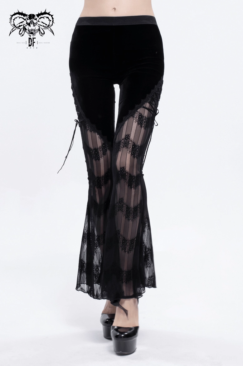 Black velvet mesh flared gothic trousers product shot showing overall fit and proportions