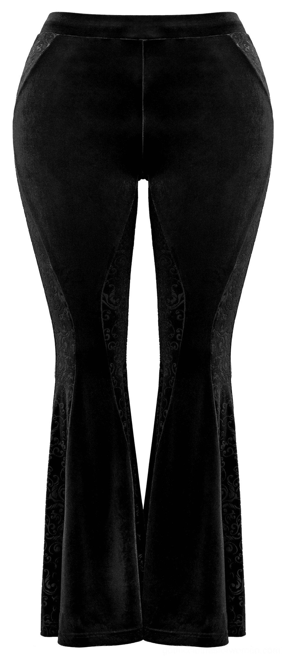 Black velvet gothic pants front flat view showing high-waisted design and smooth velvet with side seam panels