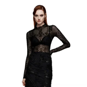 Black gothic flocked mesh stand collar top front view on model - long sleeve sheer damask pattern