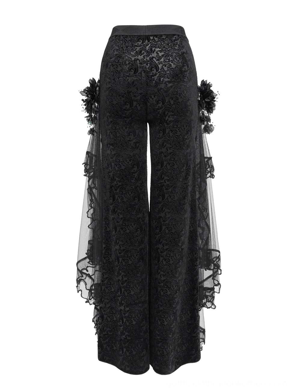 Black gothic flocked pants rear flat lay showing full-length flared legs and dual side flower decorations
