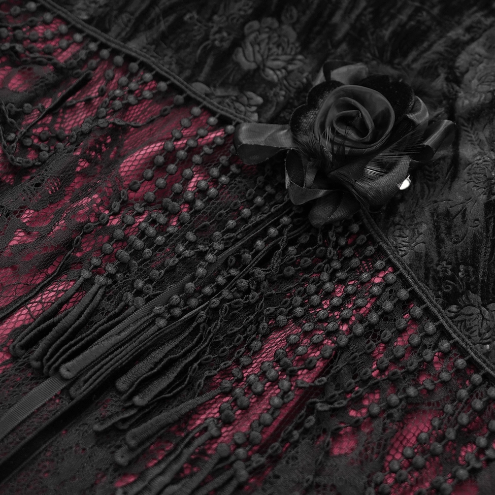Gothic high-waist skirt full length view emphasizing floor-length silhouette, ornate buckle fastening, and dramatic floral lace overlay
