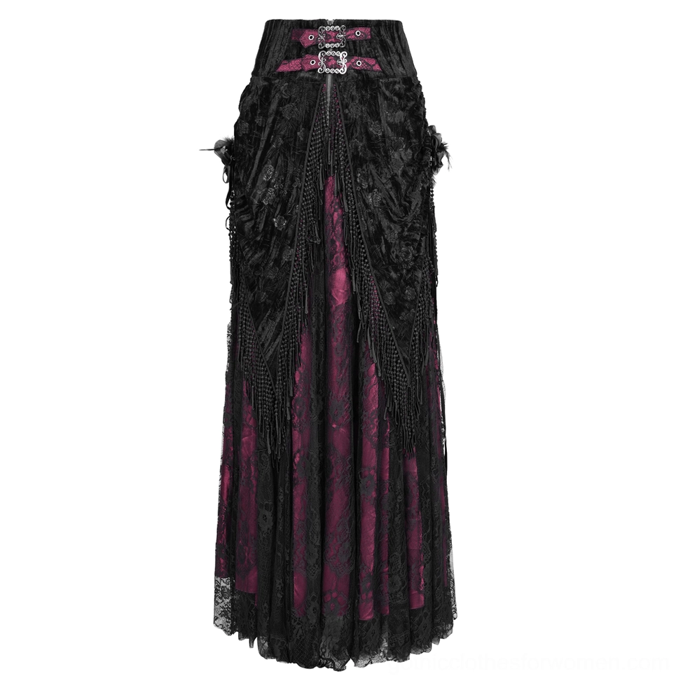 Gothic long skirt side profile showing double buckle waist construction, tassel decorations, and floor-length silhouette